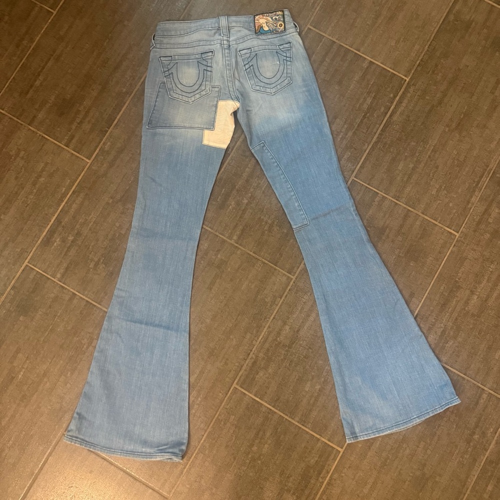 True Religion Light Blue Patchwork Flare Jeans with Cream Floral Details - Picture 11 of 13